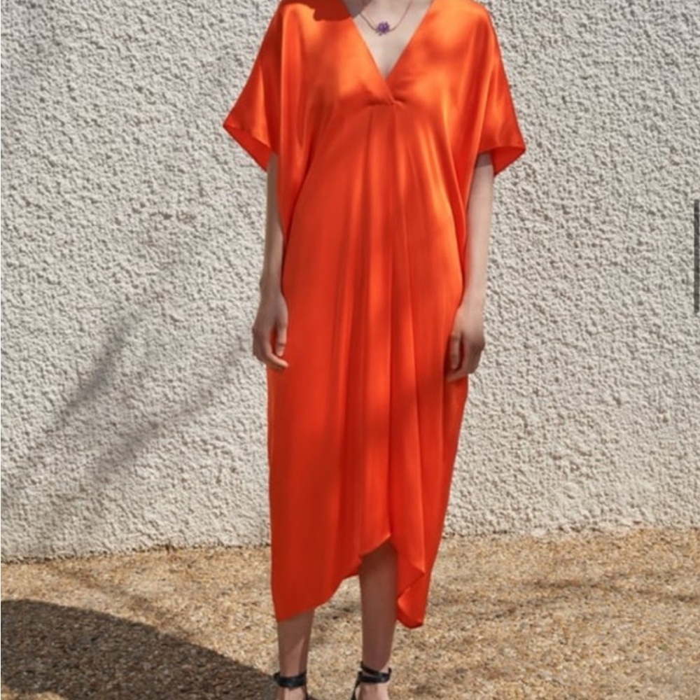 Zara Orange V-Neck Satin Kaftan-Style Dress